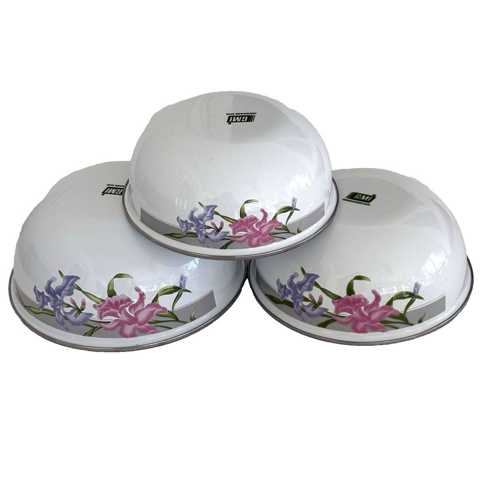 Vtg GMI Enamel Nesting Bowls Floral Iris Metal Mixing Floral White Set of 3